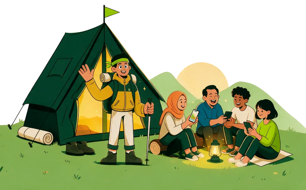 Ilustrasi maskot Beskem menyapa di depan tenda yang terbuka, ditemani member yang nongkrong sambil melihat HP di padang rumput