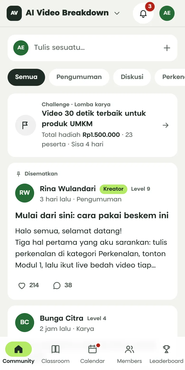 Tampilan tab Community di HP