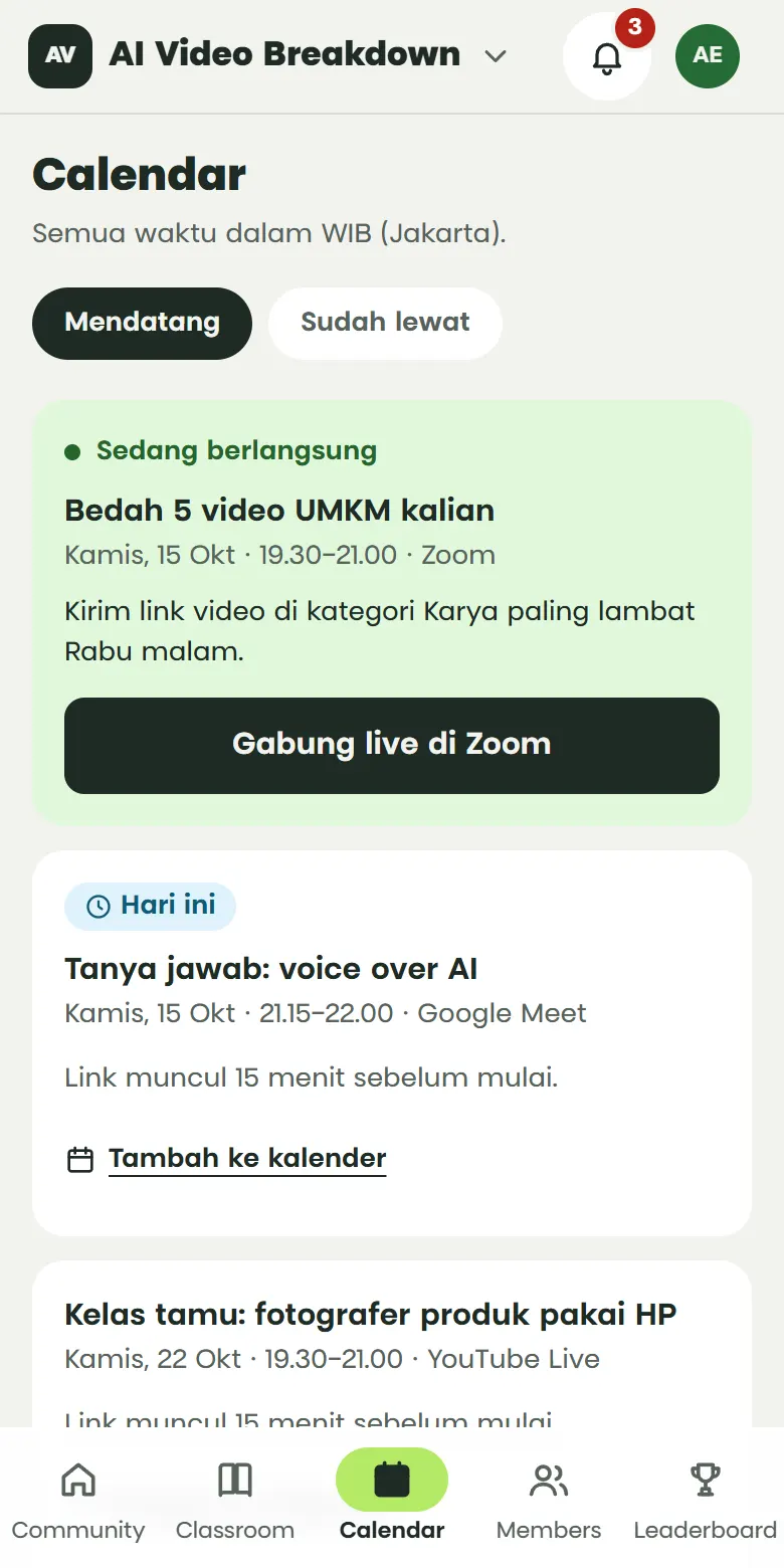 Tampilan tab Calendar di HP