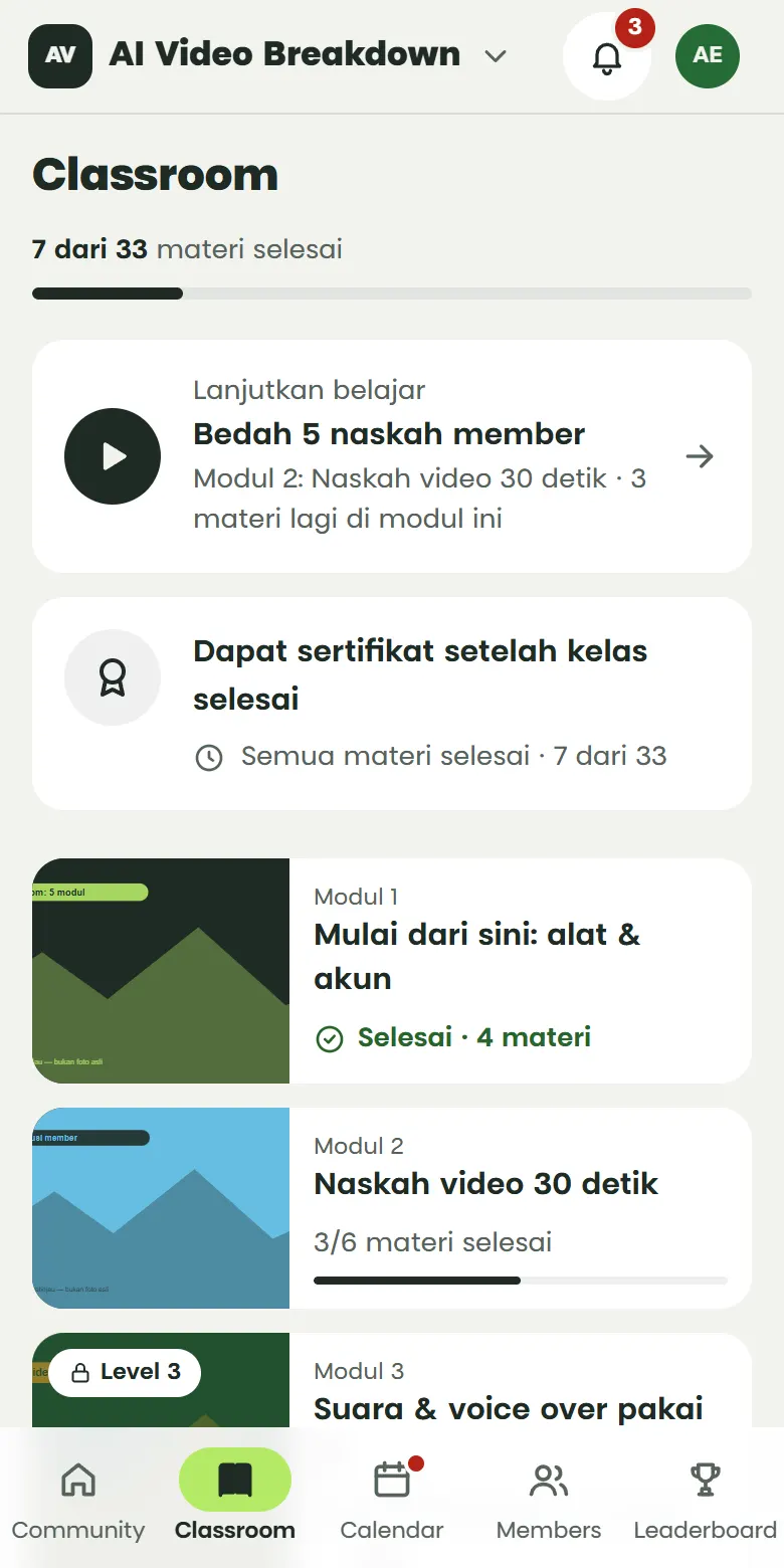 Tampilan tab Classroom di HP