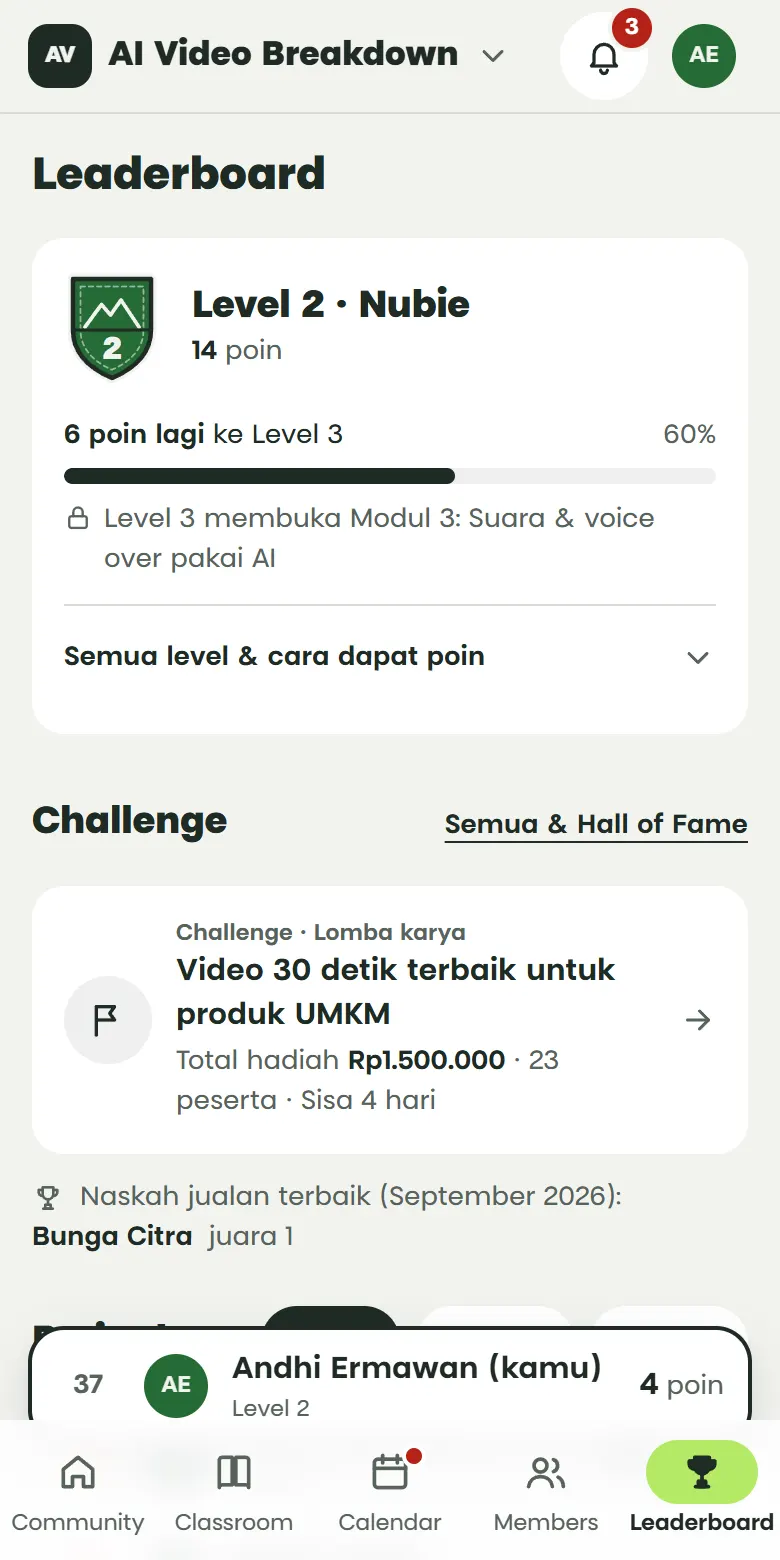 Tampilan tab Leaderboard di HP