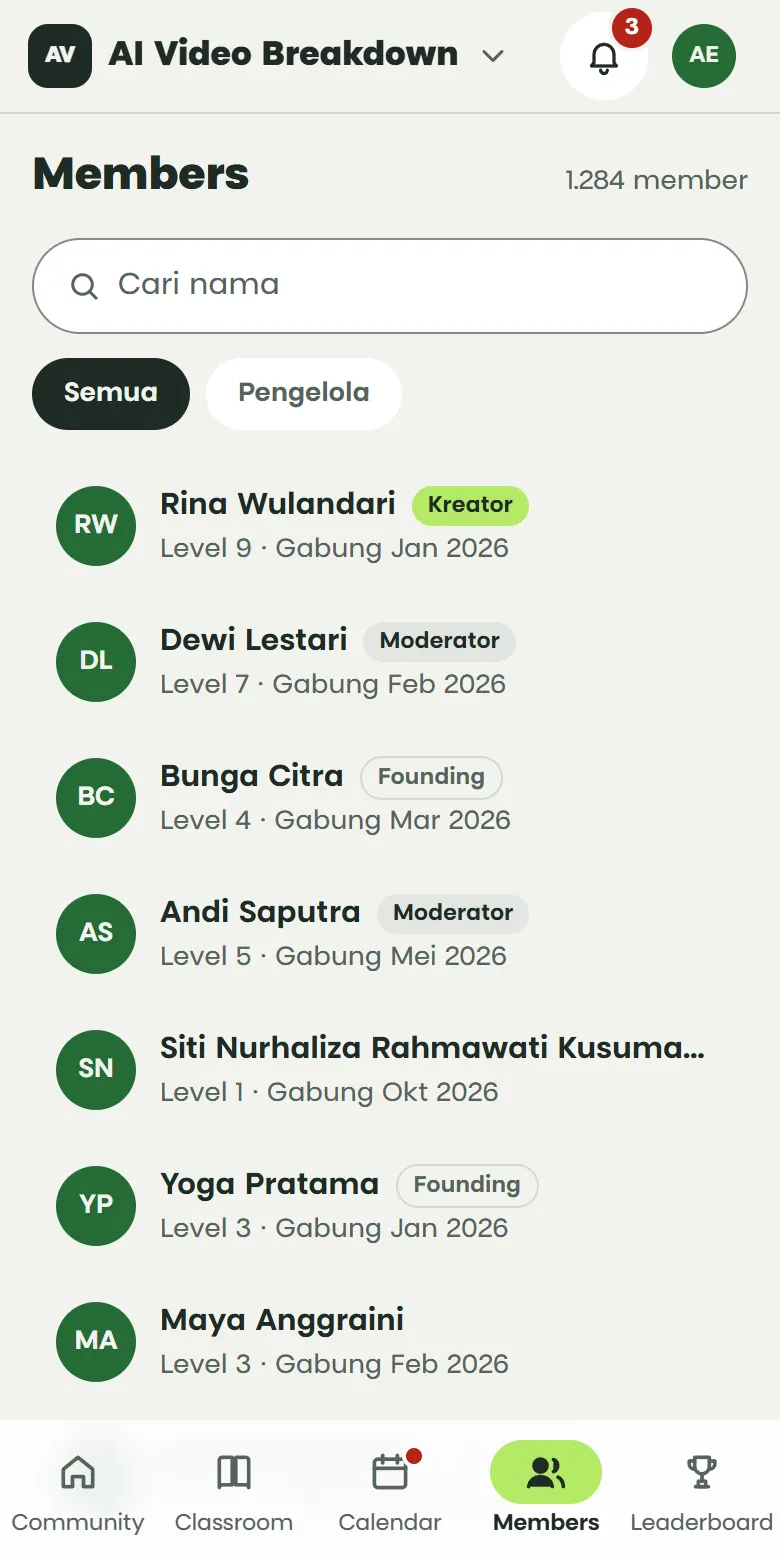 Tampilan tab Members di HP