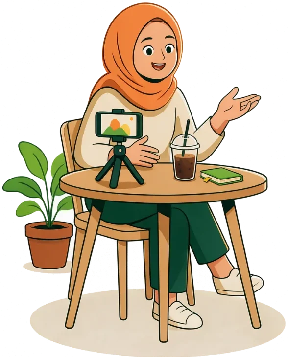 Ilustrasi kreator berhijab merekam kelas dari HP di meja kafe