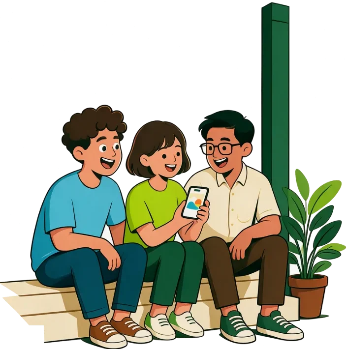 Ilustrasi tiga anak muda tertawa melihat satu HP di teras rumah