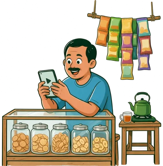Ilustrasi pemilik warung menonton video kelas di HP di balik etalase